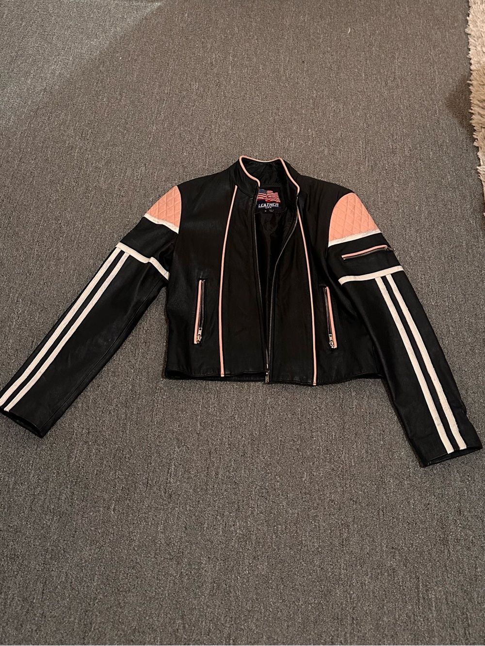 Women’s Black Leather Biker Jacket with Pink Trim